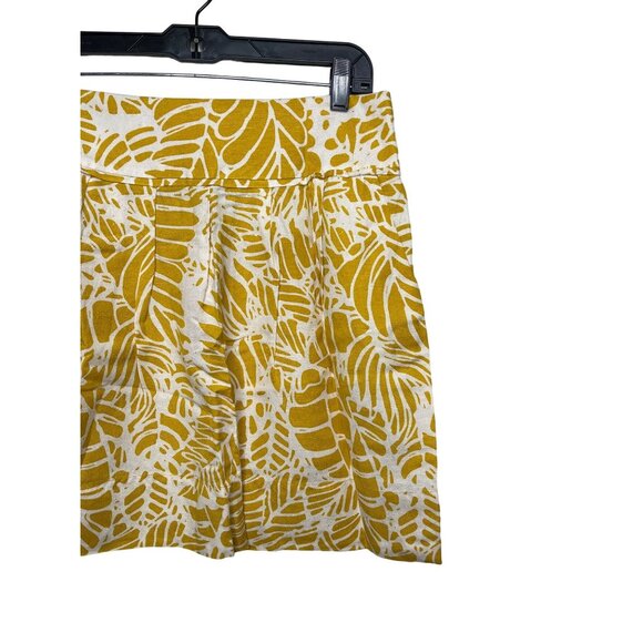 LOFT Linen Blend Mini Skirt Yellow White Leaf Print Size 8 Flare Casual Work - Picture 5 of 8